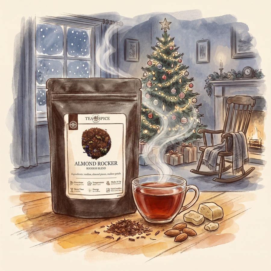 Illustration of Almond Rocker in The Tea & Spice Shoppe pouch, with a family parlour on a snowy Christmas morning in the 1950s