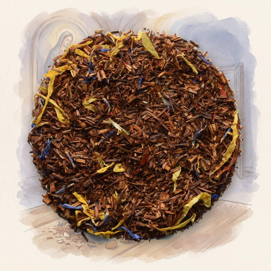Amaretto loose leaf tea, shown over a chalk-and-watercolour illustration