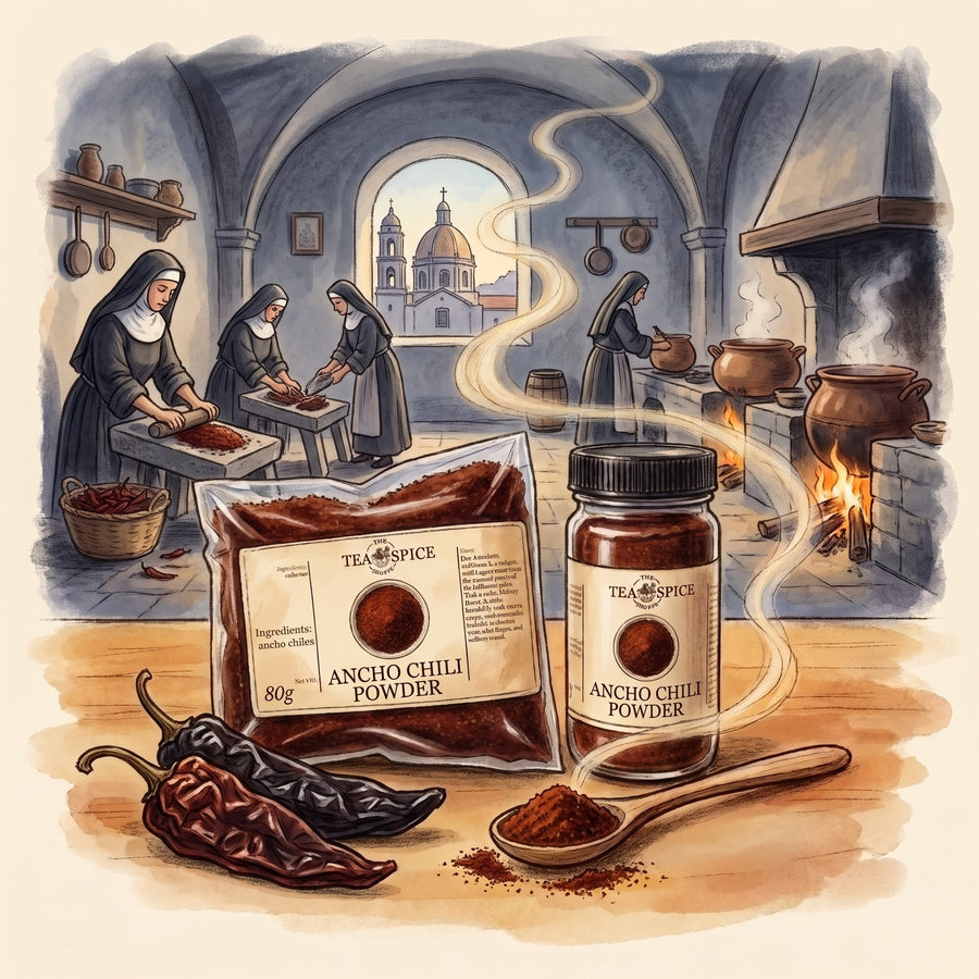 Illustration of Ancho Chili Powder in The Tea & Spice Shoppe bag and jar, with a vaulted convent kitchen in colonial Puebla, as the legend tells it