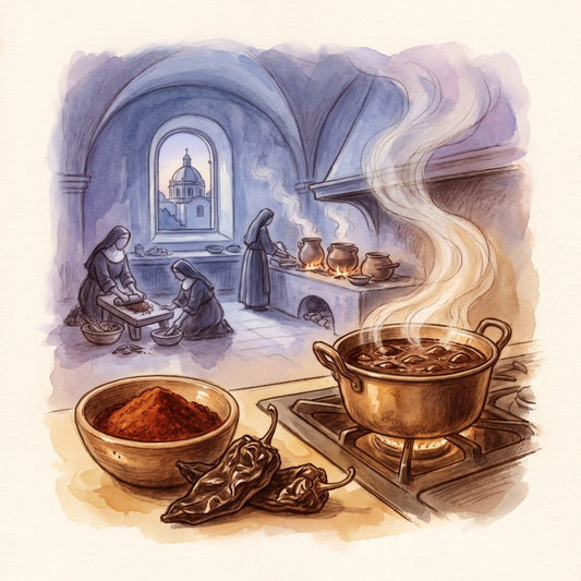 Illustration: Ancho Chili Powder with a vaulted convent kitchen in colonial Puebla, as the legend tells it