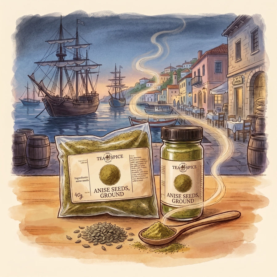 Illustration of Anise Seed, Ground in The Tea & Spice Shoppe bag and jar, with Plomari on the island of Lesbos in the early evening