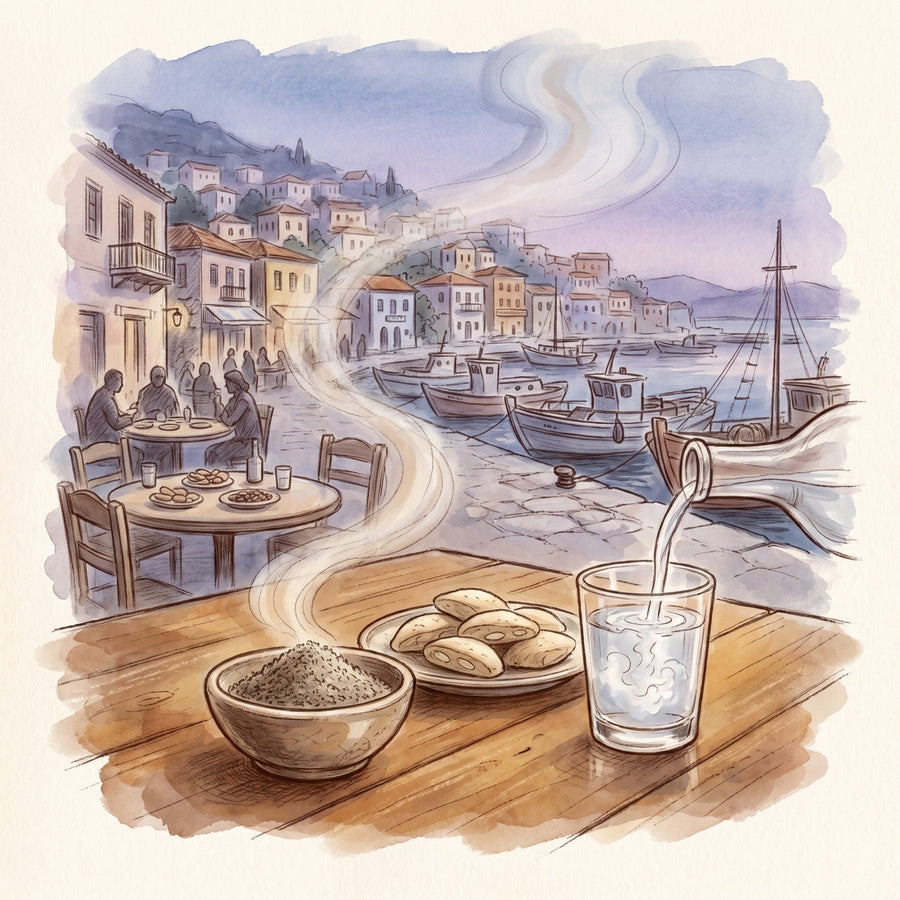 Illustration: Anise Seed, Ground with Plomari on the island of Lesbos in the early evening