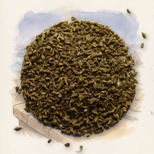 Anise Seed, Whole spice, shown over a chalk-and-watercolour illustration