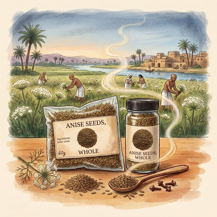 Illustration of Anise Seed, Whole in The Tea & Spice Shoppe bag and jar, with the Nile valley in ancient Egypt