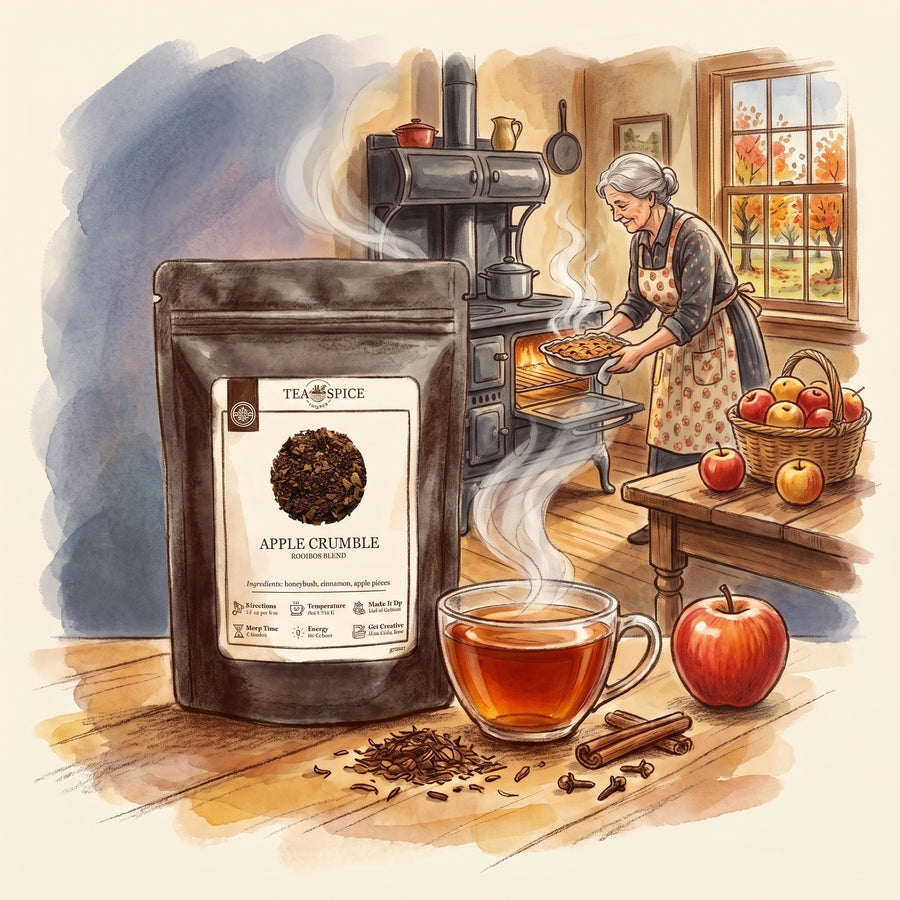 Illustration of Apple Crumble, Organic in The Tea & Spice Shoppe pouch, with a farmhouse kitchen of long ago on an autumn afternoon