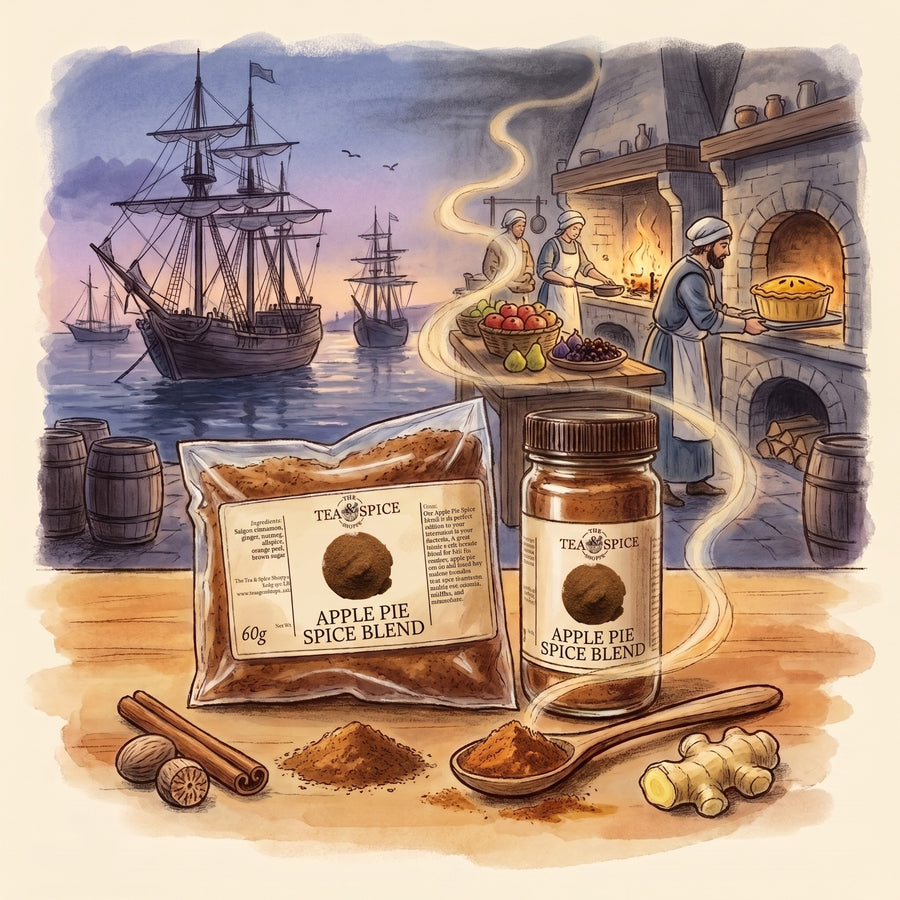 Illustration of Apple Pie Spice Blend in The Tea & Spice Shoppe bag and jar, with a medieval English kitchen in 1381