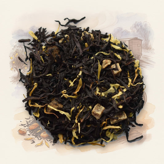 Apricot Peach, Black loose leaf tea, shown over a chalk-and-watercolour illustration