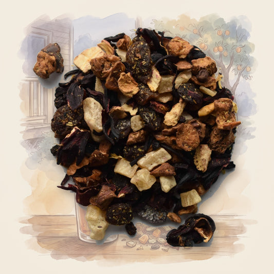 Apricot Peach loose leaf tea, shown over a chalk-and-watercolour illustration