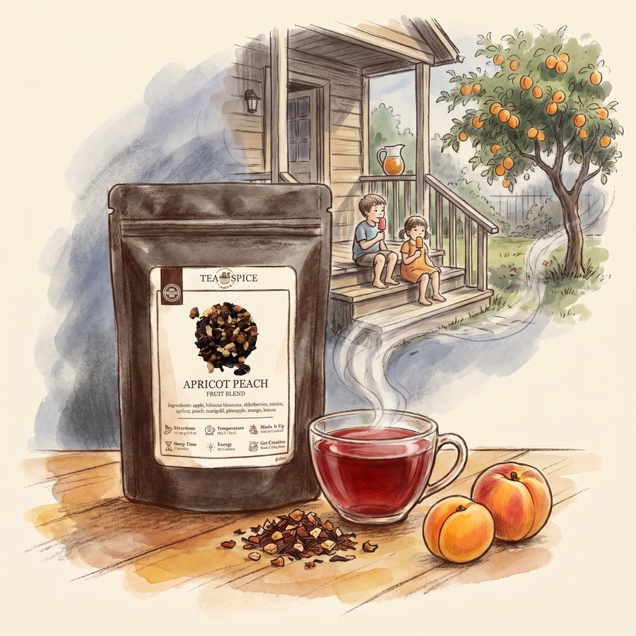 Illustration of Apricot Peach in The Tea & Spice Shoppe pouch, with a backyard porch on an August afternoon long ago