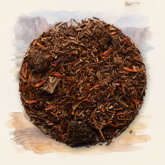 Apricot Peach, Rooibos, Organic loose leaf tea, shown over a chalk-and-watercolour illustration