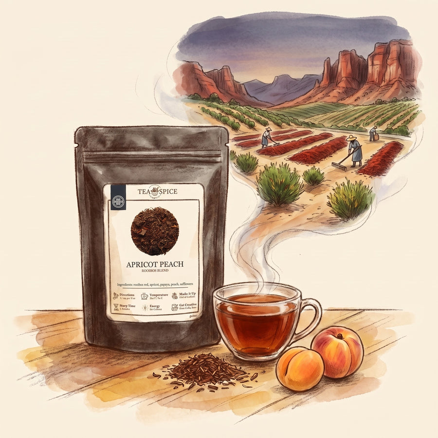 Illustration of Apricot Peach, Rooibos, Organic in The Tea & Spice Shoppe pouch, with the Clanwilliam valley in South Africa's Cederberg