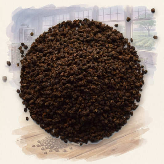 Assam Estate CTC BOP loose leaf tea, shown over a chalk-and-watercolour illustration