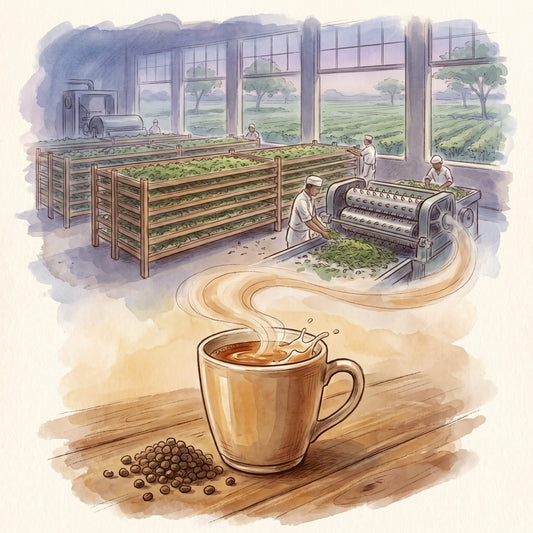 Illustration: Assam Estate CTC BOP with the Amgoorie tea factory in Assam around 1930