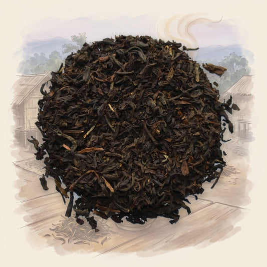 Assam Estate TGFOP loose leaf tea, shown over a chalk-and-watercolour illustration