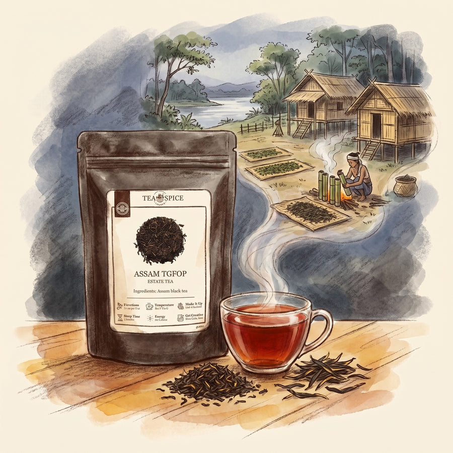 Illustration of Assam Estate TGFOP in The Tea & Spice Shoppe pouch, with a Singpho village in upper Assam in the 1820s
