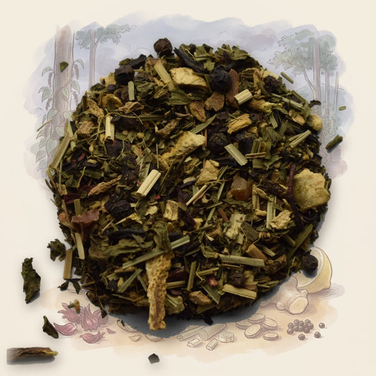Ayurvedic Ginger Lemon loose leaf tea, shown over a chalk-and-watercolour illustration