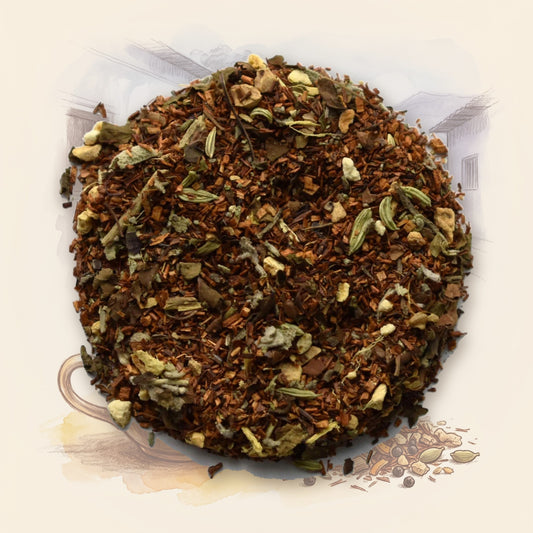 Ayurvedic Kapha Balance, Organic loose leaf tea, shown over a chalk-and-watercolour illustration