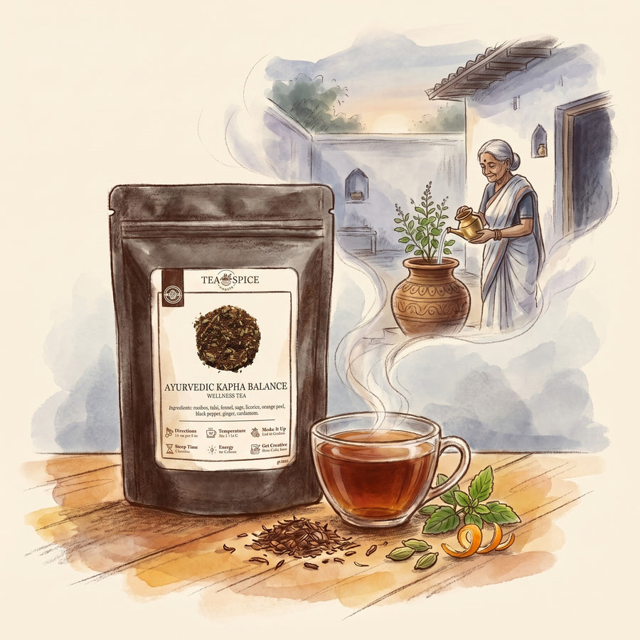 Illustration of Ayurvedic Kapha Balance, Organic in The Tea & Spice Shoppe pouch, with a Hindu courtyard in India at dawn