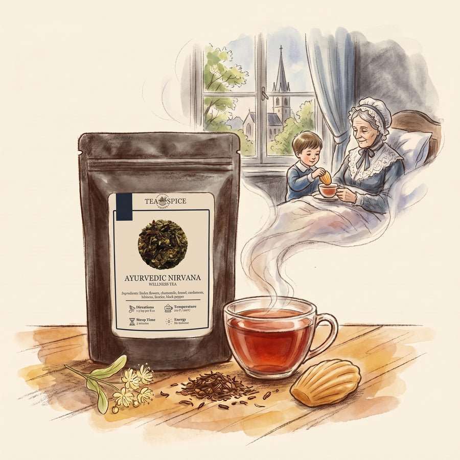 Illustration of Ayurvedic Nirvana in The Tea & Spice Shoppe pouch, with Combray, the French country town of Proust's novel, on a Sunday morning in the 1880s
