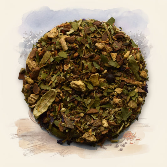Ayurvedic Om Sweet Om loose leaf tea, shown over a chalk-and-watercolour illustration
