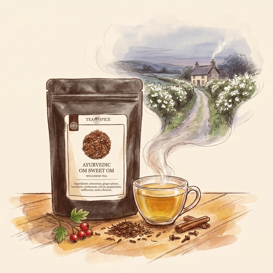 Illustration of Ayurvedic Om Sweet Om in The Tea & Spice Shoppe pouch, with a country lane of long ago in May at dusk