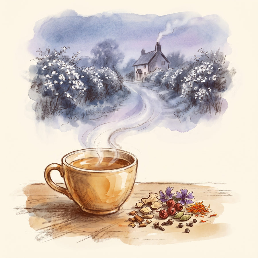 Illustration: Ayurvedic Om Sweet Om with a country lane of long ago in May at dusk