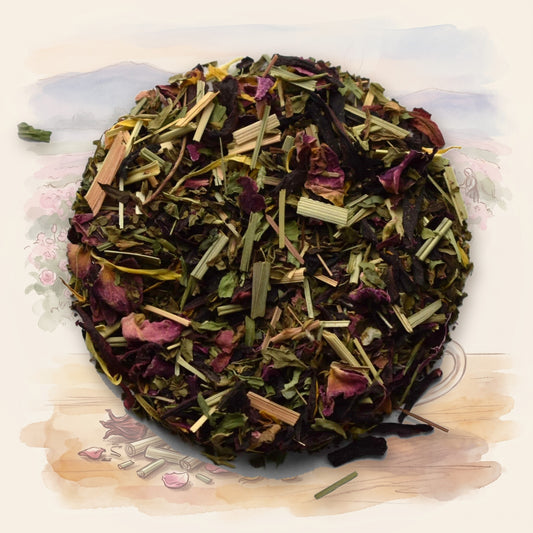 Ayurvedic Pitta Balance, Organic loose leaf tea, shown over a chalk-and-watercolour illustration