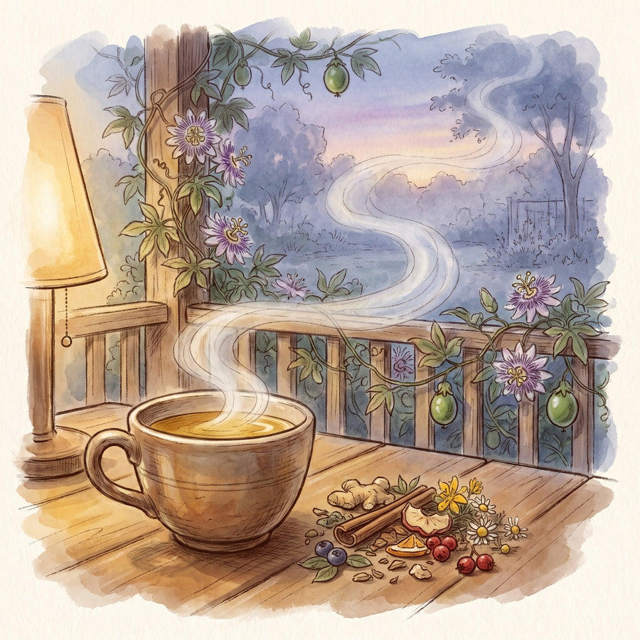 Illustration: Ayurvedic Slumber with a southern porch in late summer at dusk