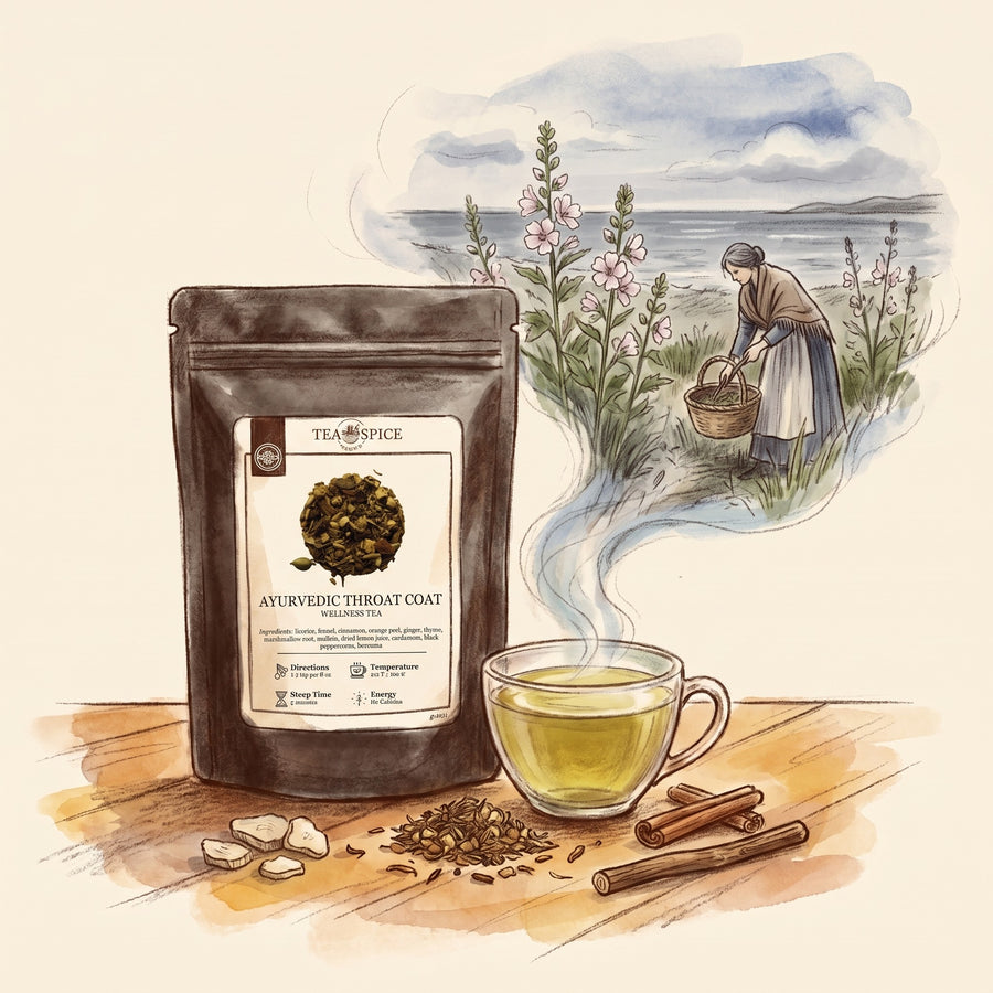Illustration of Ayurvedic Throat Coat in The Tea & Spice Shoppe pouch, with a salt marsh by the sea in late summer long ago