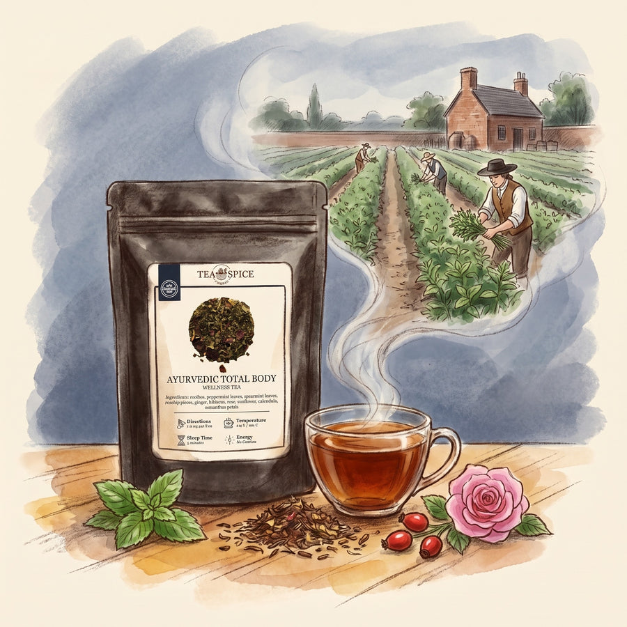 Illustration of Ayurvedic Total Body, Organic in The Tea & Spice Shoppe pouch, with the physic gardens of Mitcham outside Georgian London around 1750
