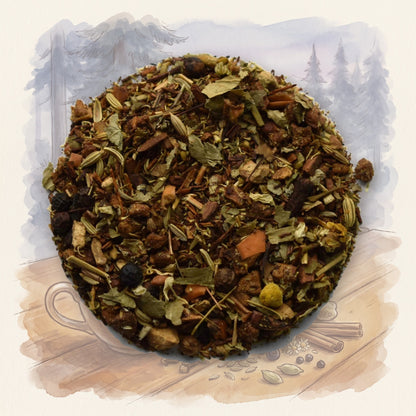 Ayurvedic Women's Uma loose leaf tea, shown over a chalk-and-watercolour illustration