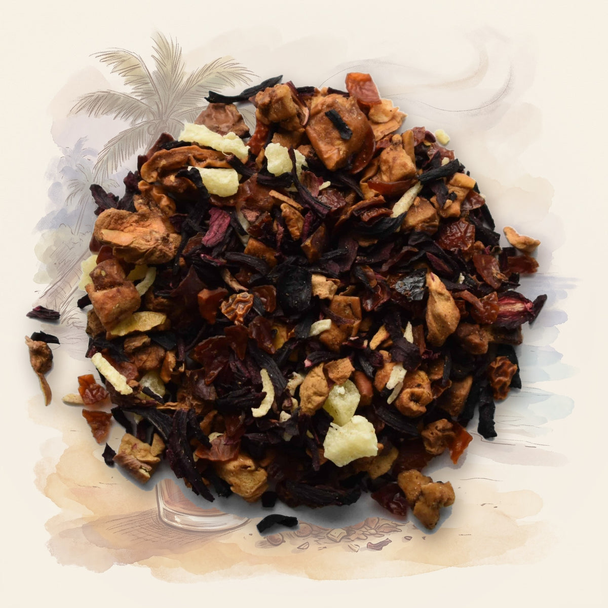 Bahama Mama loose leaf tea, shown over a chalk-and-watercolour illustration