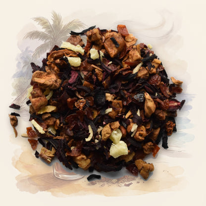 Bahama Mama loose leaf tea, shown over a chalk-and-watercolour illustration