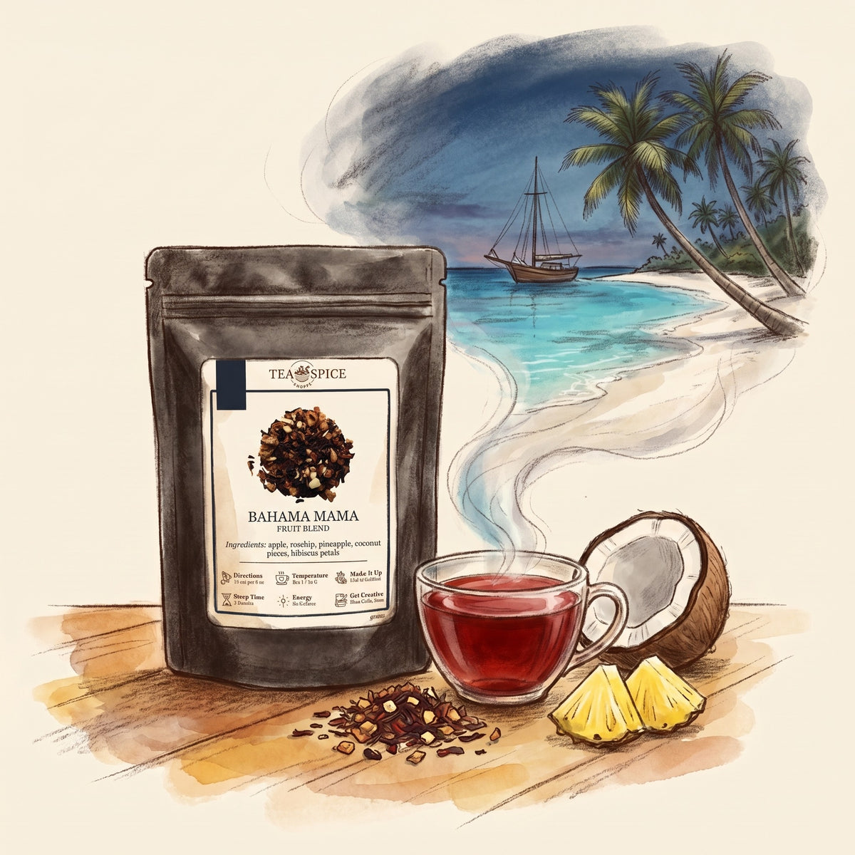 Illustration of Bahama Mama in The Tea & Spice Shoppe pouch, with a beach in the Bahamas