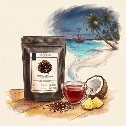 Illustration of Bahama Mama in The Tea & Spice Shoppe pouch, with a beach in the Bahamas