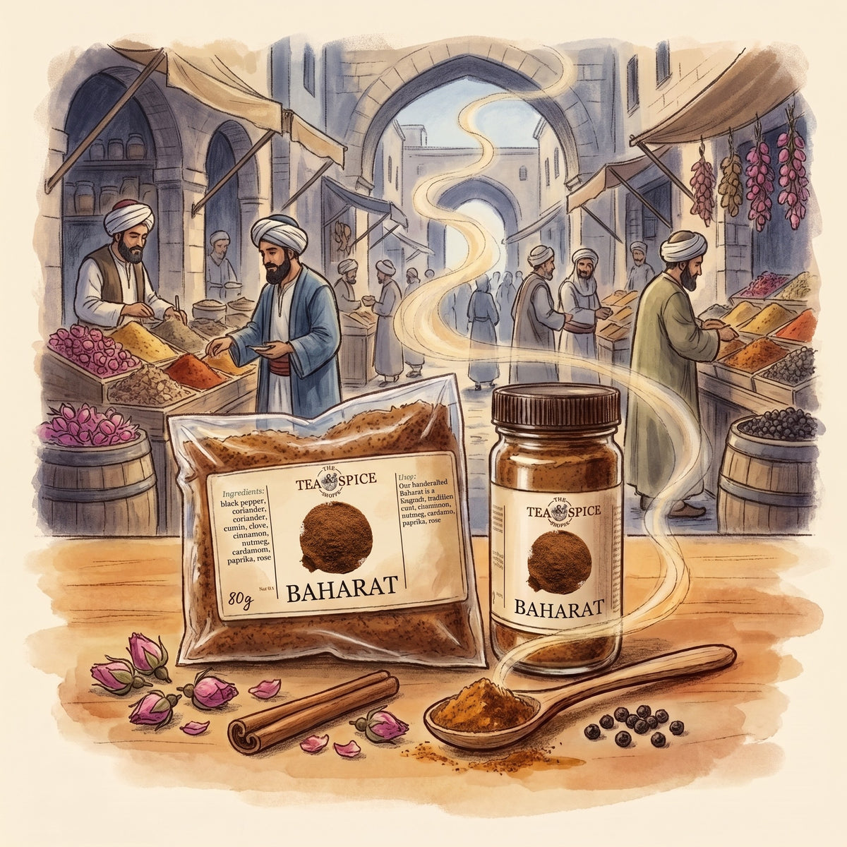 Illustration of Baharat in The Tea & Spice Shoppe bag and jar, with a vaulted spice souk in 13th-century Aleppo