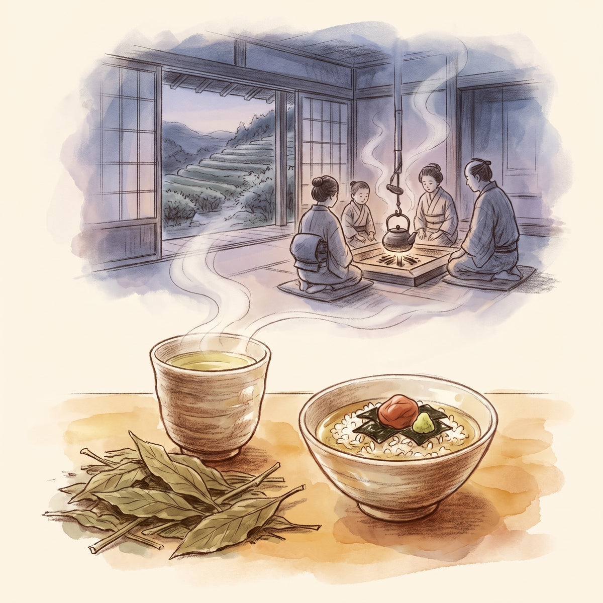 Illustration: Bancha, Organic with a country farmhouse in Edo-period Japan