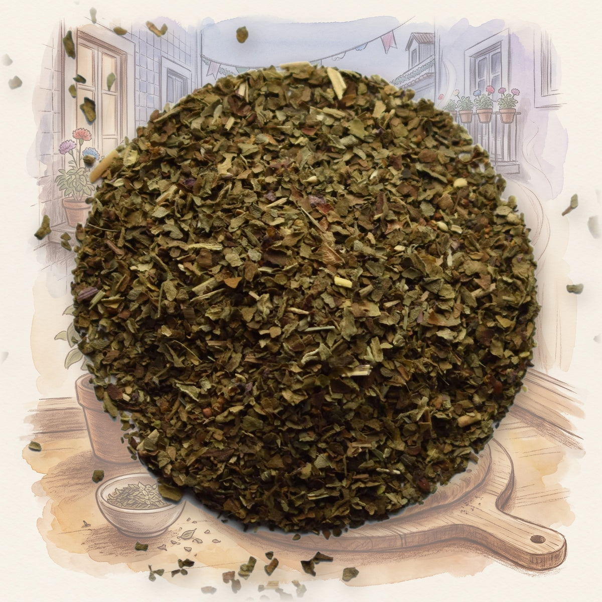 Basil spice, shown over a chalk-and-watercolour illustration