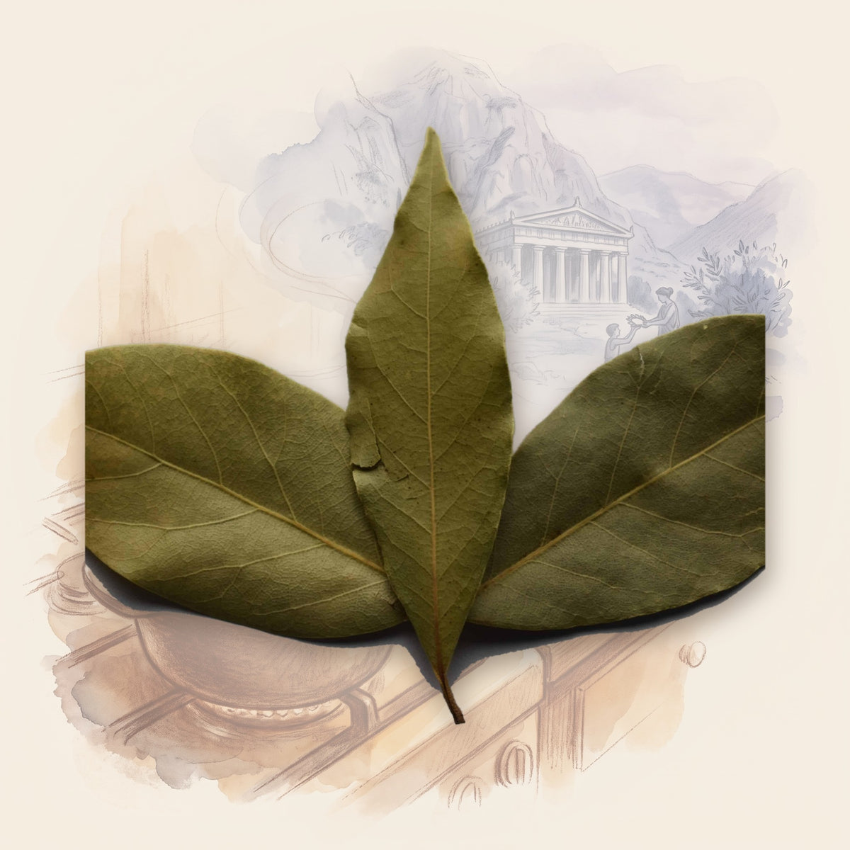 Bay Leaf spice, shown over a chalk-and-watercolour illustration