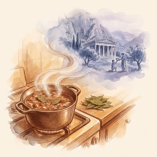 Illustration: Bay Leaf with Ancient Delphi on the slopes of Mount Parnassus
