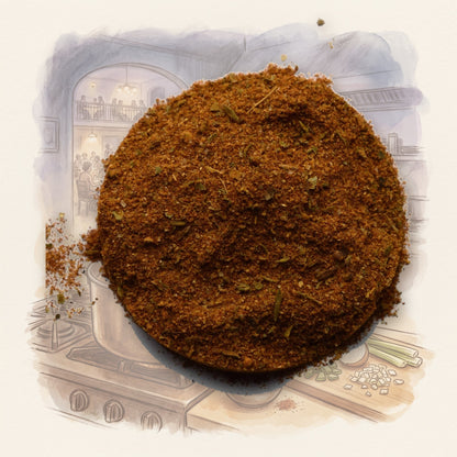 Bayou Creole Seasoning Blend spice, shown over a chalk-and-watercolour illustration