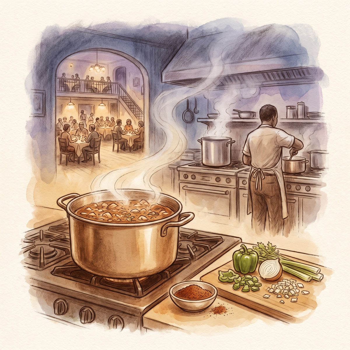 Illustration: Bayou Creole Seasoning Blend with a New Orleans corner restaurant in Tremé in the 1960s at evening