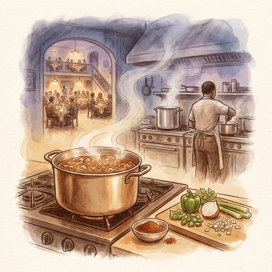 Illustration: Bayou Creole Seasoning Blend with a New Orleans corner restaurant in Tremé in the 1960s at evening