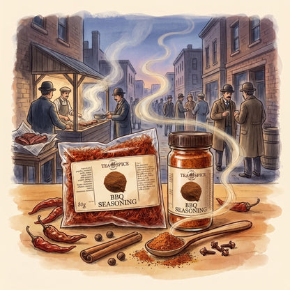 Illustration of BBQ Seasoning in The Tea & Spice Shoppe bag and jar, with Kansas City's 18th and Vine district in 1908