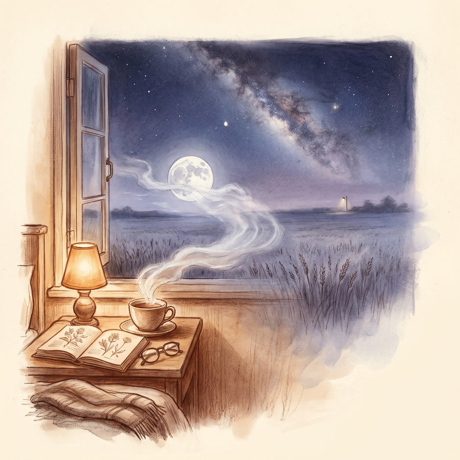 Illustration: Bedtime Tea Set: 5 Herbal Teas for Sleep, a cup of tea on a bedside table, a moonlit prairie farmhouse night beyond