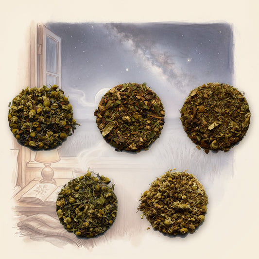 Bedtime Tea Set: 5 Herbal Teas for Sleep: Goodnight Moon, Organic, Ayurvedic Om Sweet Om, Ayurvedic Slumber, Sweet Dreams, Organic and Chamomile, Organic, shown over a chalk-and-watercolour illustration