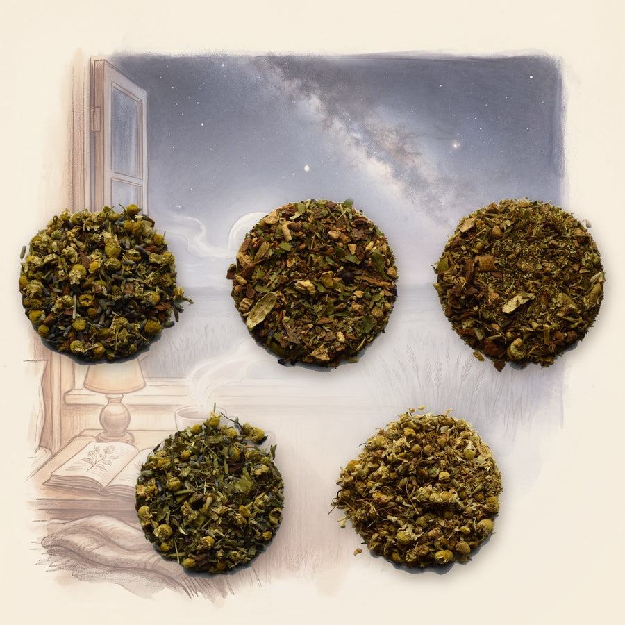 Bedtime Tea Set: 5 Herbal Teas for Sleep: Goodnight Moon, Organic, Ayurvedic Om Sweet Om, Ayurvedic Slumber, Sweet Dreams, Organic and Chamomile, Organic, shown over a chalk-and-watercolour illustration