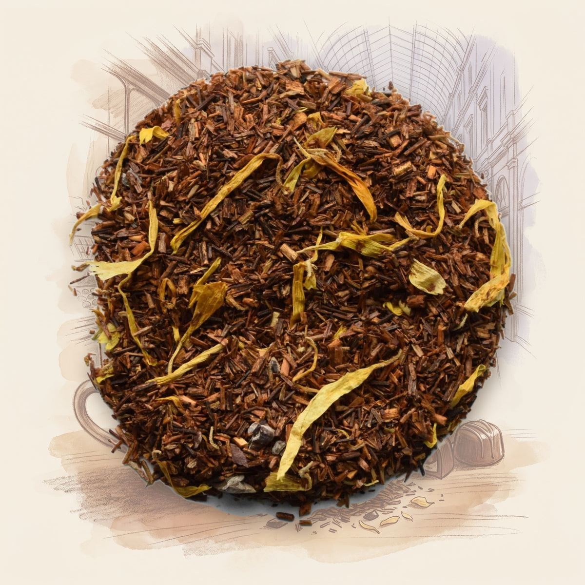 Belgian Chocolate loose leaf tea, shown over a chalk-and-watercolour illustration