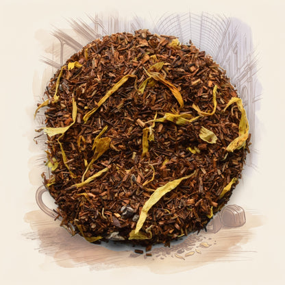Belgian Chocolate loose leaf tea, shown over a chalk-and-watercolour illustration