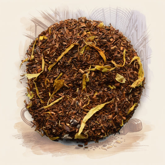 Belgian Chocolate loose leaf tea, shown over a chalk-and-watercolour illustration